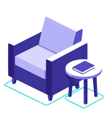 Illustration: Treatment chair with side table and book — Practice software for psychotherapy