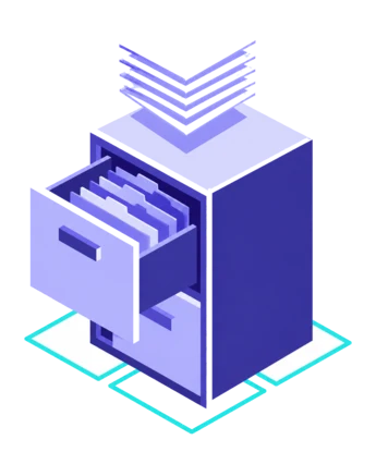 Illustration: Filing cabinet with an open drawer and a pile of documents — digital archiving