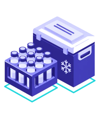 Illustration: A stand with vaccine vials next to a cool box — Vaccine management