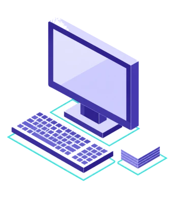 Illustration: Workstation with a monitor, keyboard and index cards — practice administration