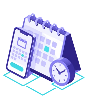 Illustration: Desk calendar featuring a smartphone and a watch — Online appointment booking
