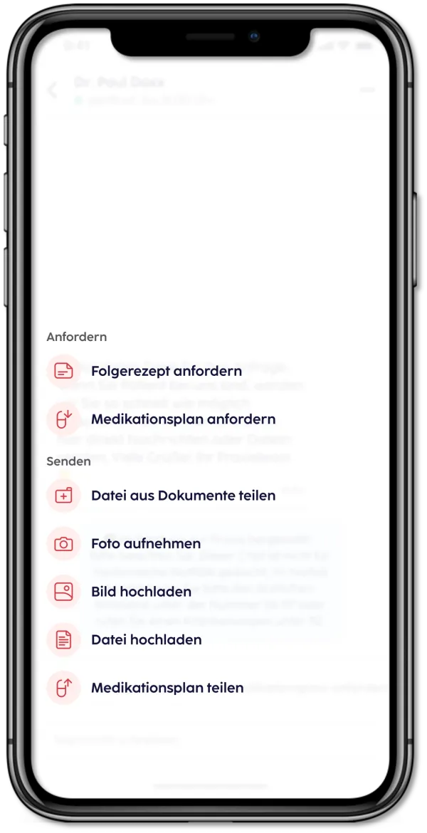 Selection of functions for sending files in the gesund.de app