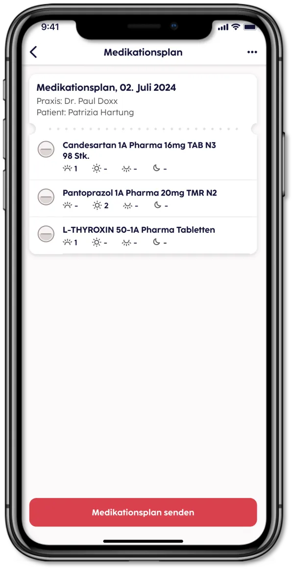 Medication plan with dosage times in the gesund.de app