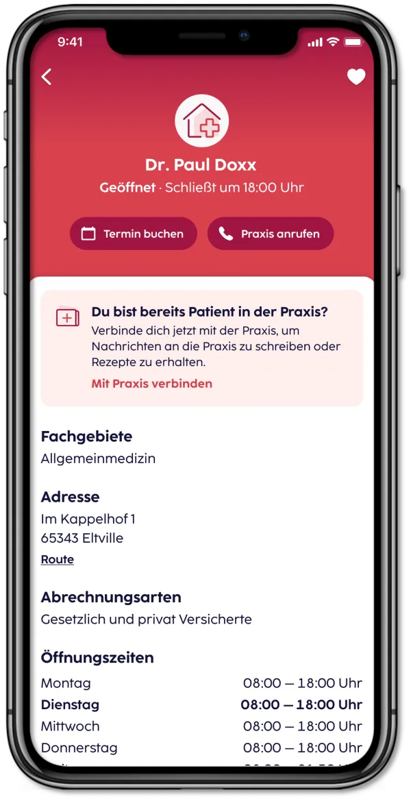 Practice profile in the gesund.de app with opening hours and contact details