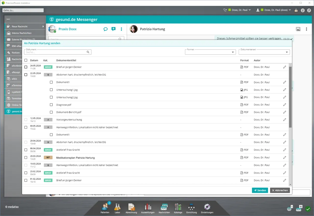 Sending a document from the medatixx practice software as an attachment to a patient in gesund.de Messenger