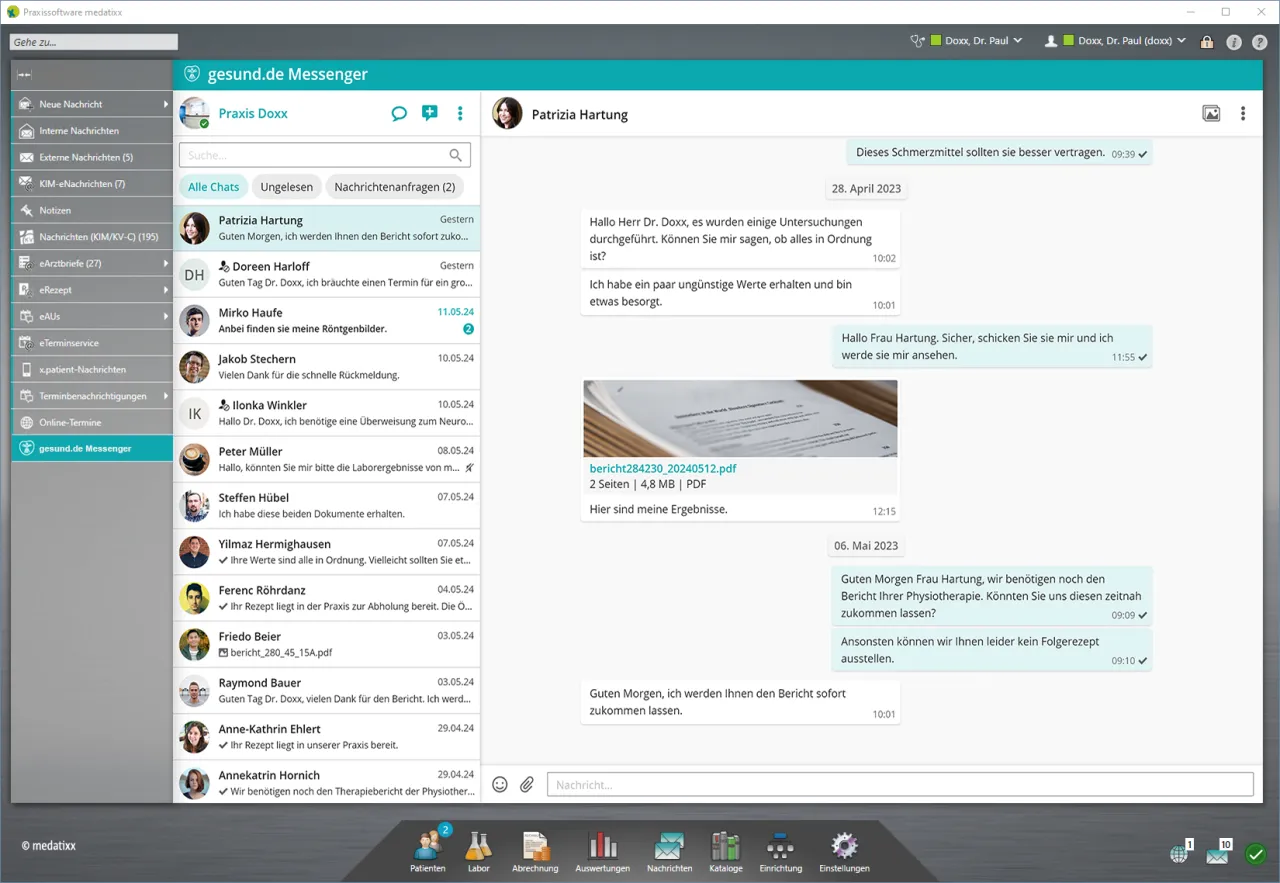 gesund.de Messenger in the medatixx practice software: patient chat list and an ongoing chat with a finding attached