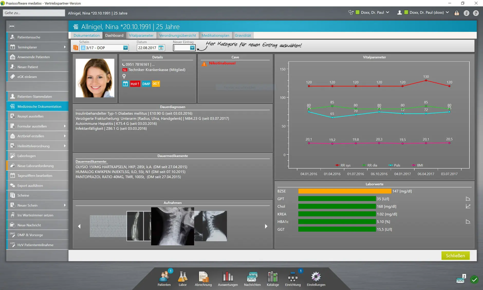Screenshot of the practice software showing the patient records tab, appointment book and dashboard