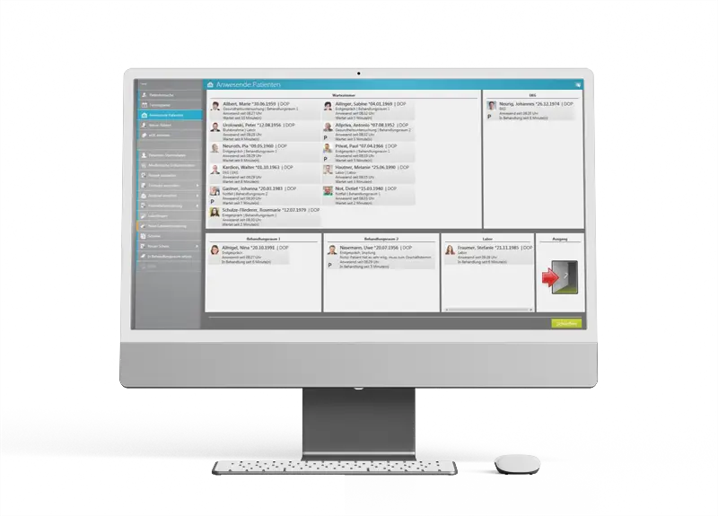 medatixx’s waiting room module, featuring rooms and patients waiting